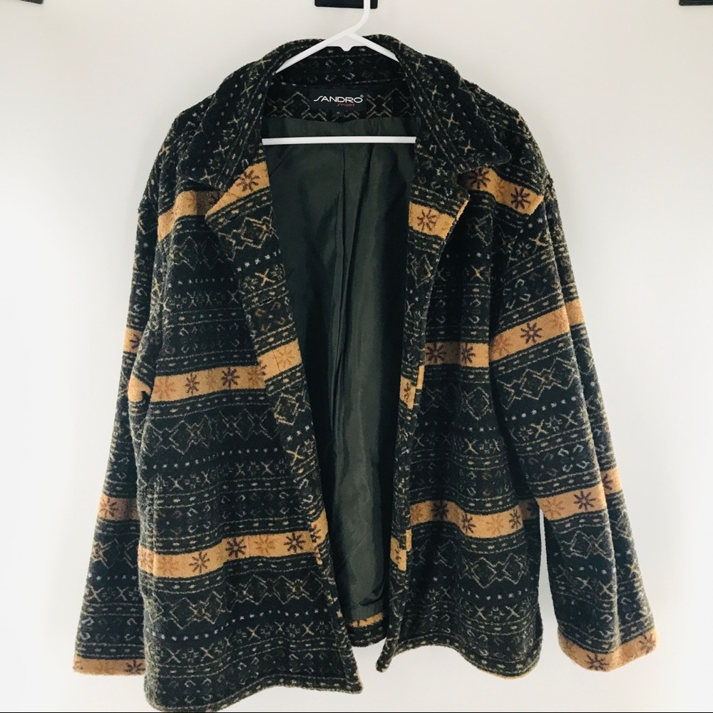 Vintage Sandro Sport Fleece Green Tan Pattern Poly Pile Collar Button Up Jacket - Picture 7 of 16
